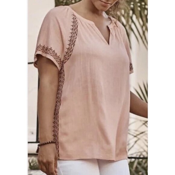 J Jill Women's Size L Shirt Linen Blend Tunic Top Boho Embroidered Short Sleeve - Picture 1 of 9